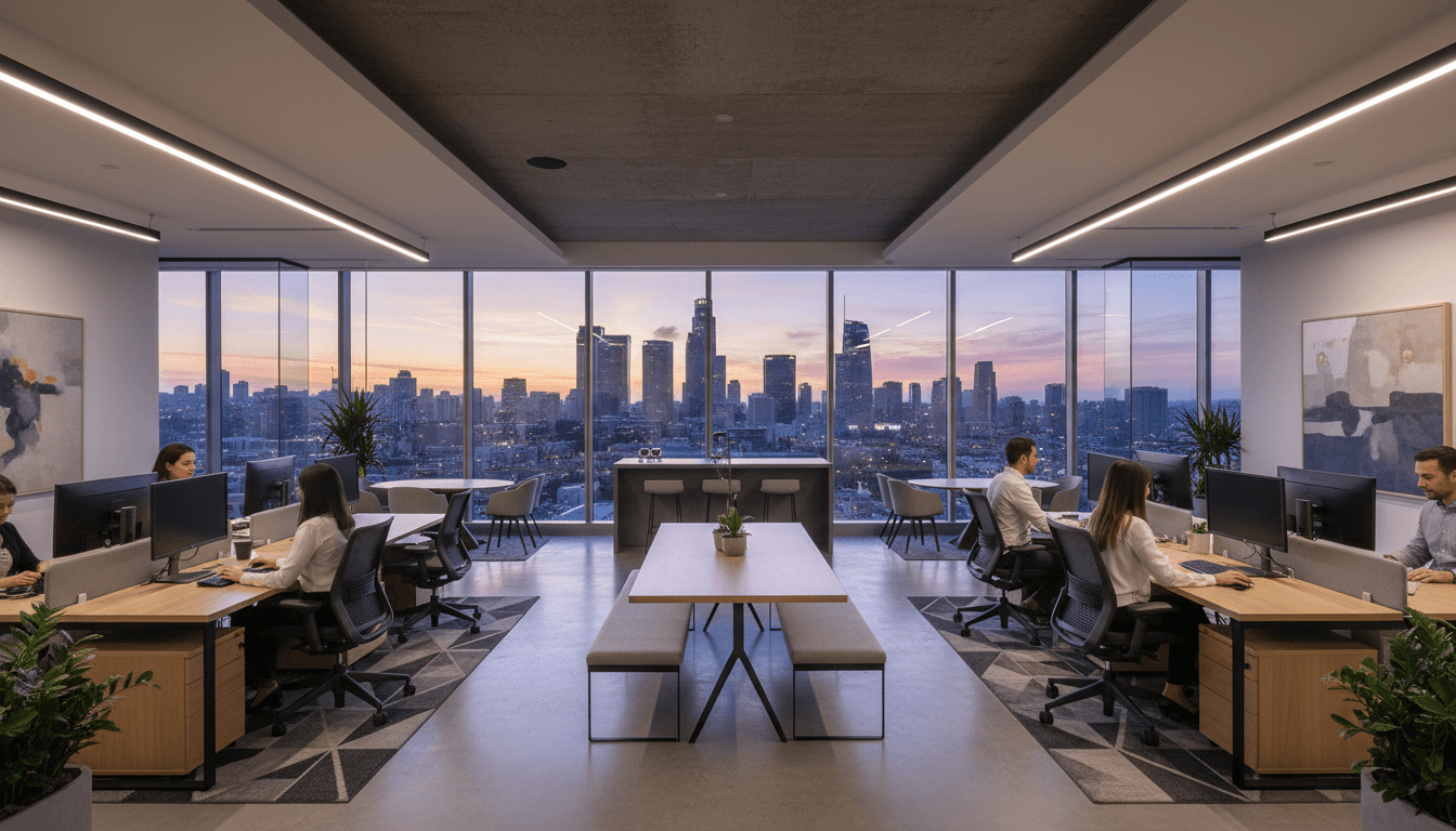 Modern office space with floor-to-ceiling windows and professional furnishings