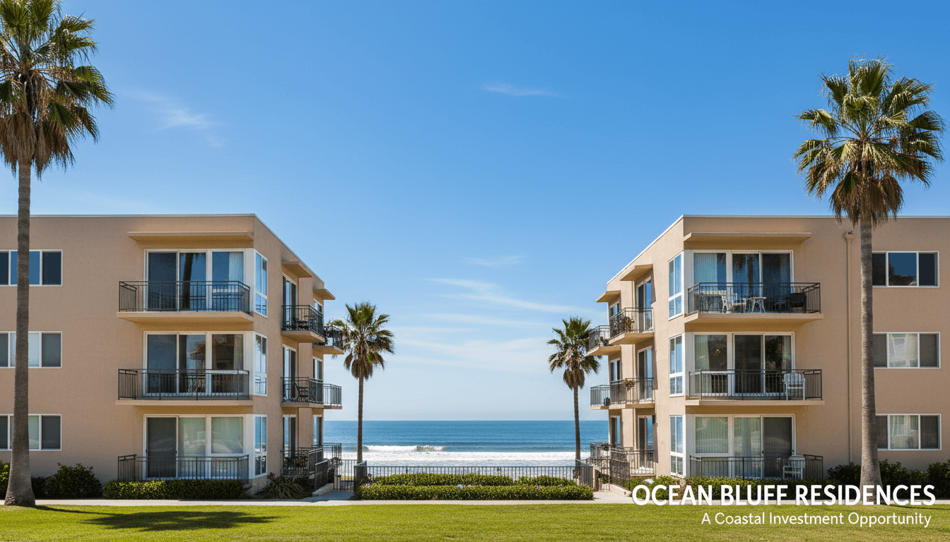1980s apartment complex near the beach in Orange County under a clear sky